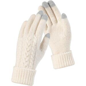 Women White Folding Cuff Touchscreen Soft Skin-Friendly Jacquard Knit Warm Glove